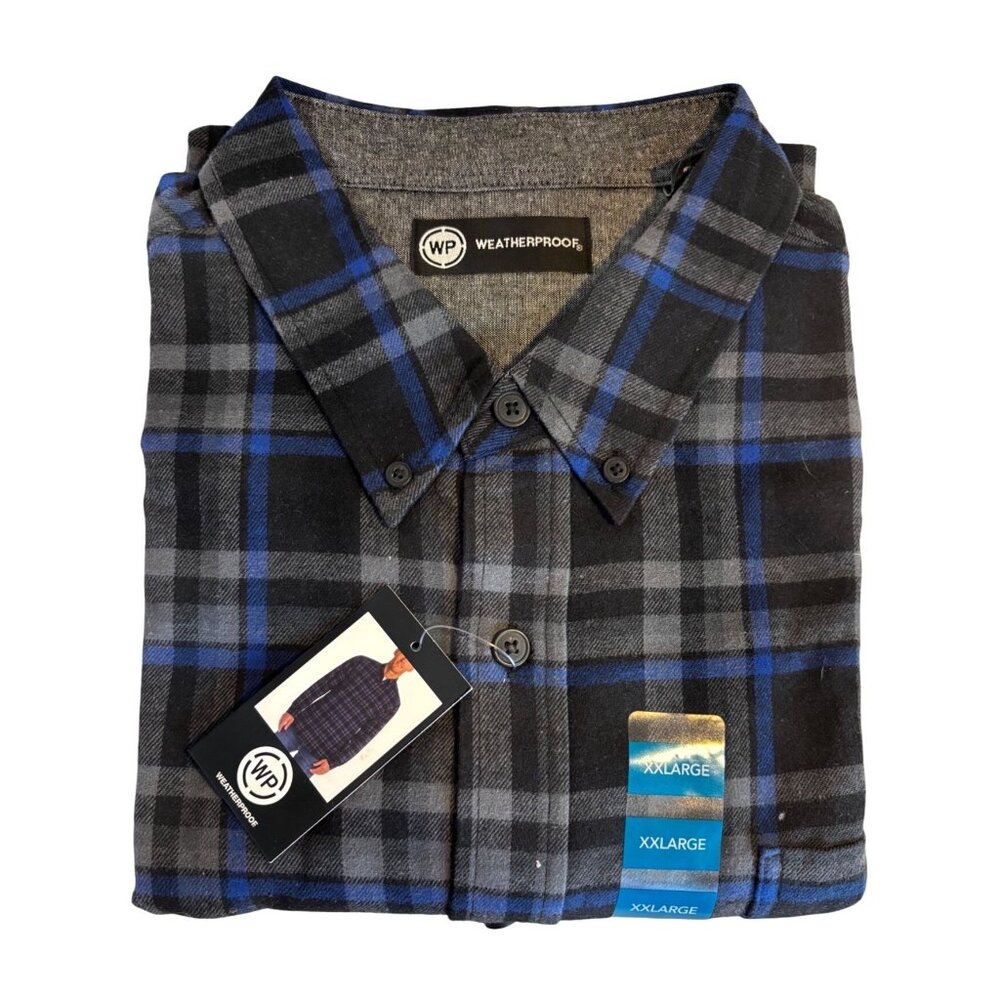 Weatherproof Mens XXL Plaid‎ Flannel Button-Up Shirt In Blue & Black Long Sleeve